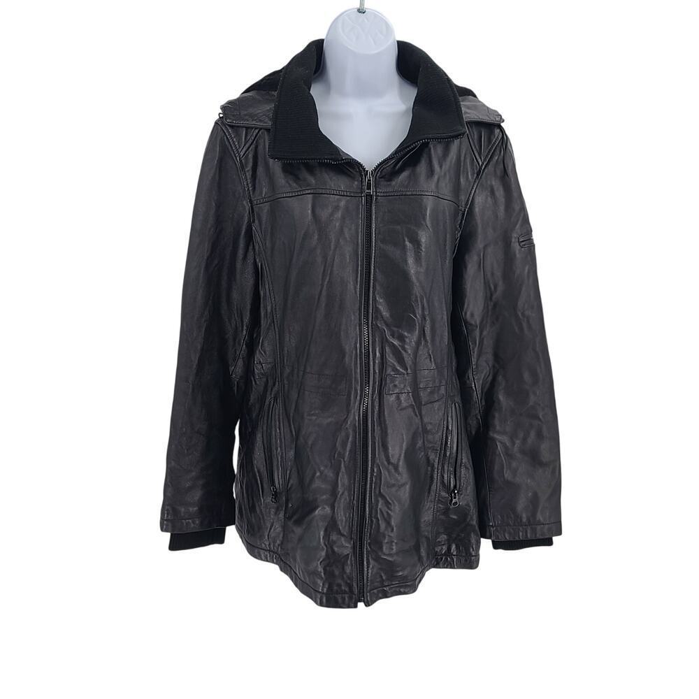 Jones New York women's genuine leather hooded jacket Sz 1X Matrix Dark feminine
